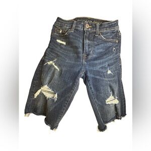 American Eagle Women’s Dark Wash Denim Distressed Cut-Off Jean Shorts